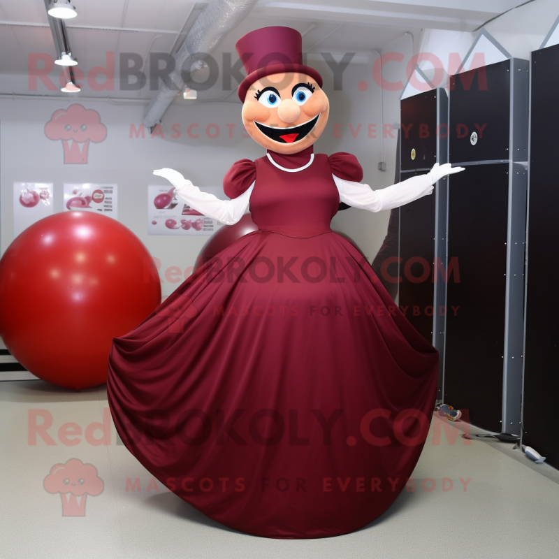 Maroon Contortionist mascot costume character dressed with a Ball Gown and Caps