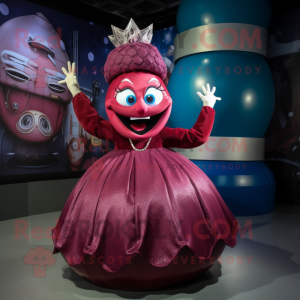 Maroon Contortionist mascot costume character dressed with a Ball Gown and Caps