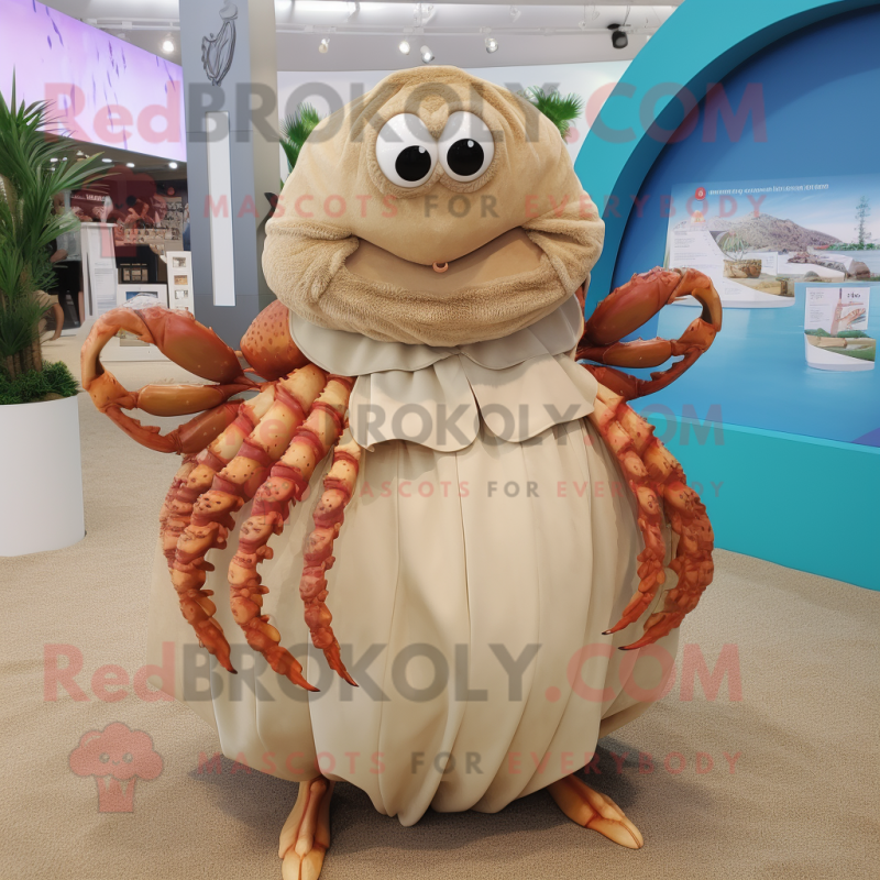 Personaje de disfraz de mascota de cangrejo ermitaño beige vestido