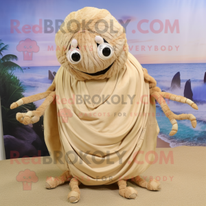 Beige Hermit Crab mascot costume character dressed with a Dress and Earrings
