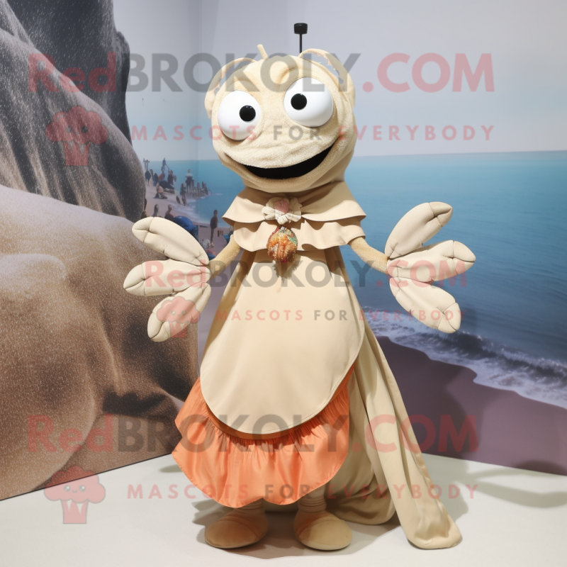 Beige Hermit Crab mascot costume character dressed with a Dress and Earrings