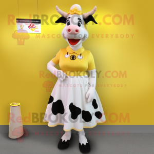 Lemon Yellow Holstein Cow mascot costume character dressed with a A-Line Skirt and Hair clips