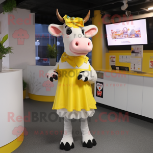 Lemon Yellow Holstein Cow mascot costume character dressed with a A-Line Skirt and Hair clips