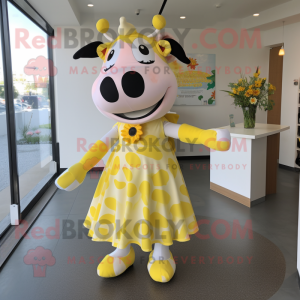 Lemon Yellow Holstein Cow mascot costume character dressed with a A-Line Skirt and Hair clips