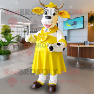 Lemon Yellow Holstein Cow mascot costume character dressed with a A-Line Skirt and Hair clips