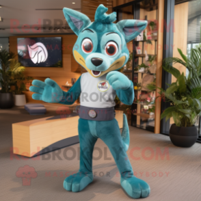 Teal Dingo mascot costume character dressed with a Skinny Jeans and Hairpins