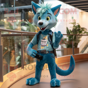 Teal Dingo mascot costume character dressed with a Skinny Jeans and Hairpins