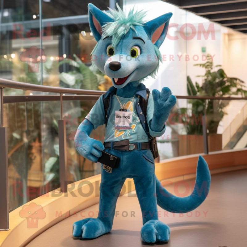 Teal Dingo mascot costume character dressed with a Skinny Jeans and Hairpins