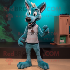 Teal Dingo mascot costume character dressed with a Skinny Jeans and Hairpins