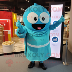 Turquoise Miso Soup mascot costume character dressed with a V-Neck Tee and Rings