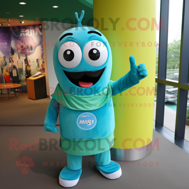 Turquoise Miso Soup mascot costume character dressed with a V-Neck Tee and Rings Turquoise Miso Soup mascot costume character dressed with a V-Neck Tee and Rings