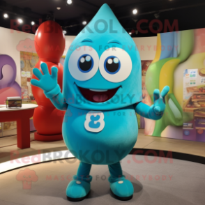 Turquoise Miso Soup mascot costume character dressed with a V-Neck Tee and Rings