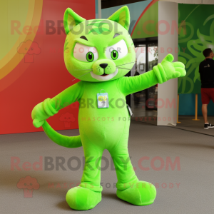 Lime Green Cat mascot costume character dressed with a Capri Pants and Wraps