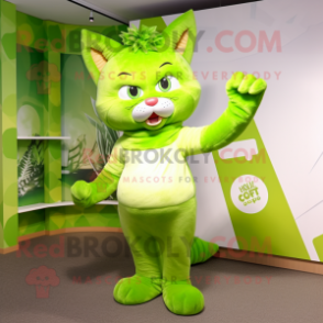 Lime Green Cat mascot costume character dressed with a Capri Pants and Wraps