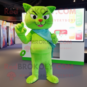 Lime Green Cat mascot costume character dressed with a Capri Pants and Wraps