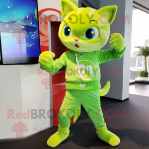 Lime Green Cat mascot costume character dressed with a Capri Pants and Wraps