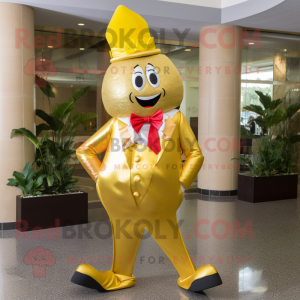 Gold Beet mascot costume character dressed with a Dress Pants and Shoe clips