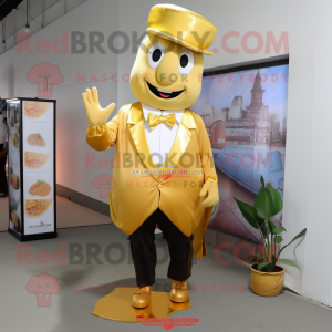 Gold Beet mascot costume character dressed with a Dress Pants and Shoe clips