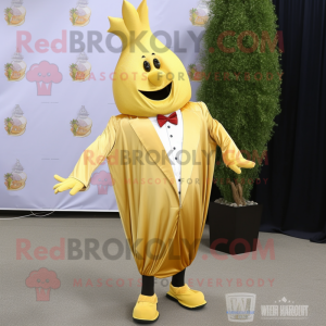 Gold Beet mascot costume character dressed with a Dress Pants and Shoe clips