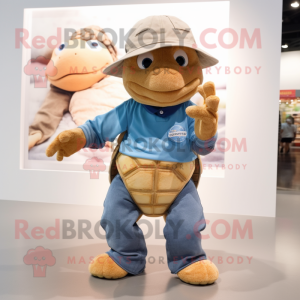 Tan Turtle mascot costume character dressed with a Boyfriend Jeans and Beanies