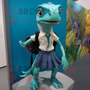 Teal Coelophysis mascot costume character dressed with a Pencil Skirt and Backpacks