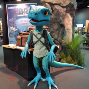 Teal Coelophysis mascot costume character dressed with a Pencil Skirt and Backpacks