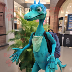 Teal Coelophysis mascot costume character dressed with a Pencil Skirt and Backpacks