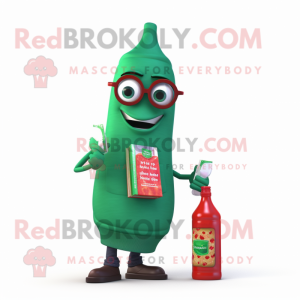 Green Bottle Of Ketchup mascot costume character dressed with a Jacket and Reading glasses