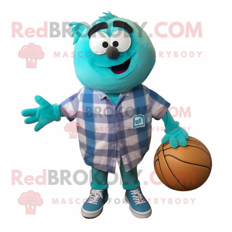Turquoise Handball Ball mascot costume character dressed with a Flannel Shirt and Tie pins Turquoise Handball Ball mascot costume character dressed with a Flannel Shirt and Tie pins