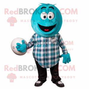 Turquoise Handball Ball mascot costume character dressed with a Flannel Shirt and Tie pins