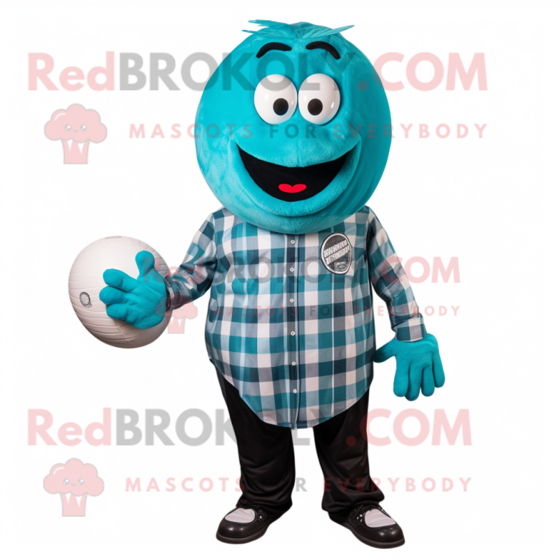 Turquoise Handball Ball mascot costume character dressed with a Flannel Shirt and Tie pins Turquoise Handball Ball mascot costume character dressed with a Flannel Shirt and Tie pins