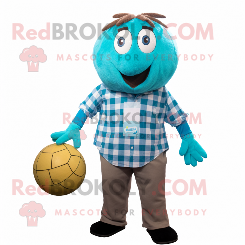 Turquoise Handball Ball mascot costume character dressed with a Flannel Shirt and Tie pins Turquoise Handball Ball mascot costume character dressed with a Flannel Shirt and Tie pins
