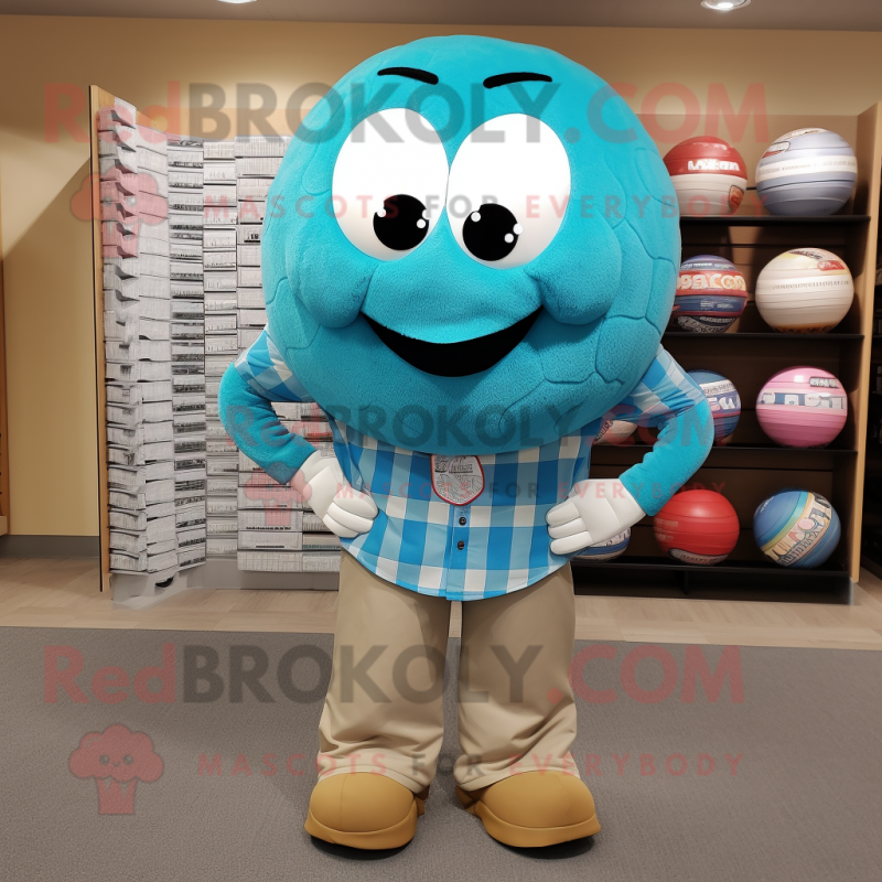 Turquoise Handball Ball mascot costume character dressed with a Flannel Shirt and Tie pins Turquoise Handball Ball mascot costume character dressed with a Flannel Shirt and Tie pins