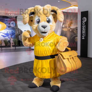 Gold Ram mascot costume character dressed with a Cover-up and Handbags