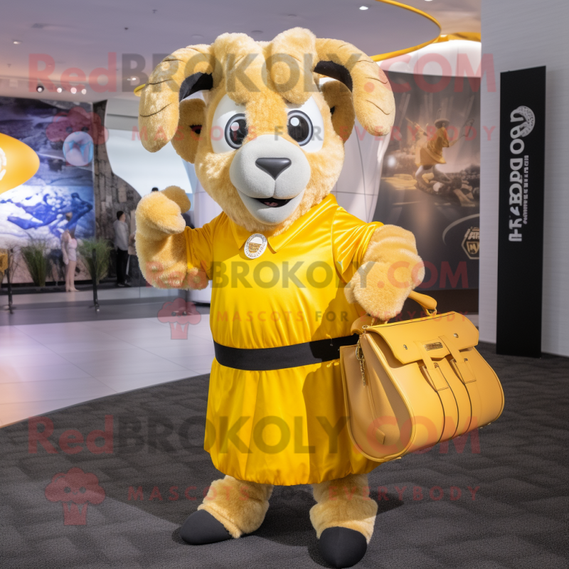 Gold Ram mascot costume character dressed with a Cover-up and Handbags Gold Ram mascot costume character dressed with a Cover-up and Handbags