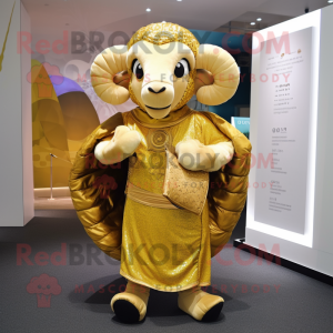 Gold Ram mascot costume character dressed with a Cover-up and Handbags