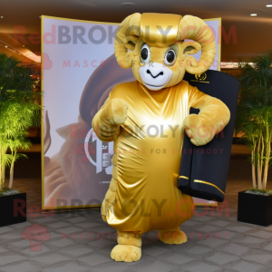Gold Ram mascot costume character dressed with a Cover-up and Handbags