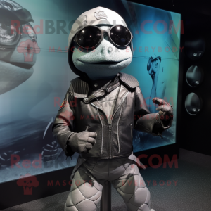 Silver Sea Turtle mascot costume character dressed with a Biker Jacket and Hats