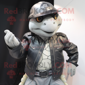Silver Sea Turtle mascot costume character dressed with a Biker Jacket and Hats