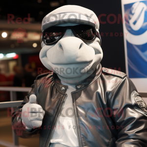 Silver Sea Turtle mascot costume character dressed with a Biker Jacket and Hats