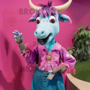 Magenta Zebu mascot costume character dressed with a Chambray Shirt and Hairpins