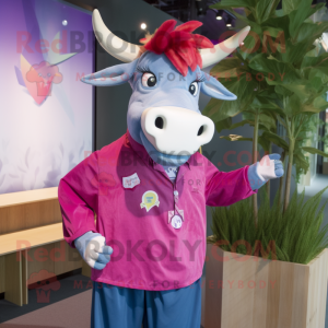 Magenta Zebu mascot costume character dressed with a Chambray Shirt and Hairpins