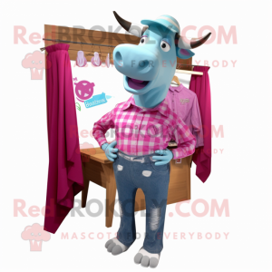 Magenta Zebu mascot costume character dressed with a Chambray Shirt and Hairpins