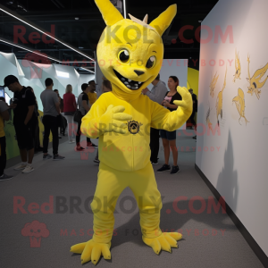 Lemon Yellow Chupacabra mascot costume character dressed with a Chinos and Foot pads