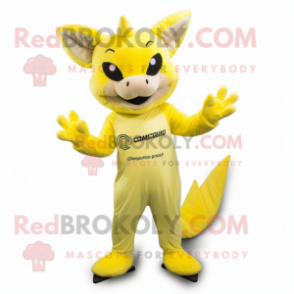 Lemon Yellow Chupacabra mascot costume character dressed with a Chinos and Foot pads