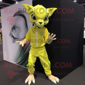 Lemon Yellow Chupacabra mascot costume character dressed with a Chinos and Foot pads