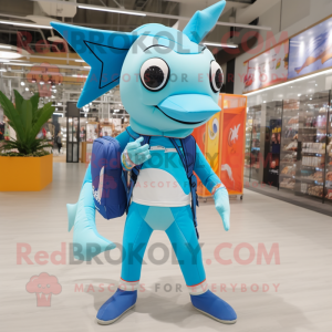 Sky Blue Swordfish mascot costume character dressed with a Swimwear and Backpacks