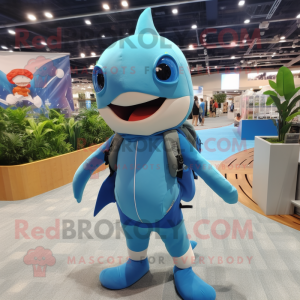 Sky Blue Swordfish mascot costume character dressed with a Swimwear and Backpacks
