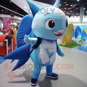 Sky Blue Swordfish mascot costume character dressed with a Swimwear and Backpacks