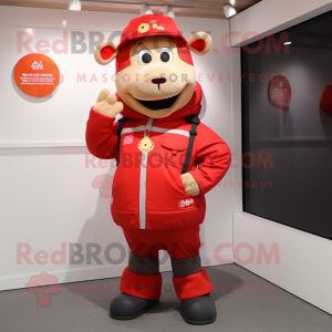 Red Pig mascot costume character dressed with a Parka and Belts